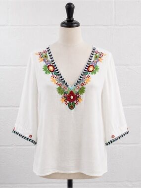 Soft Surroundings Women’s L White Linen Embroidered Beaded Boho Tunic